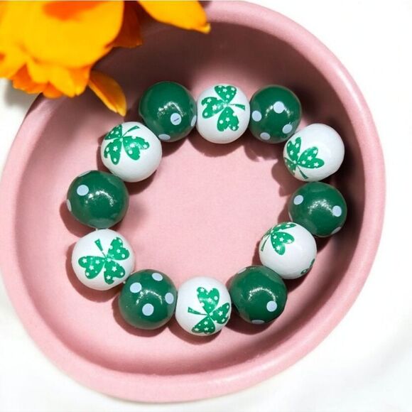 Shamrock ☘️ Green Polka Dot Beaded Bracelet Stretch Band St Patrick Day Festive - Picture 2 of 4